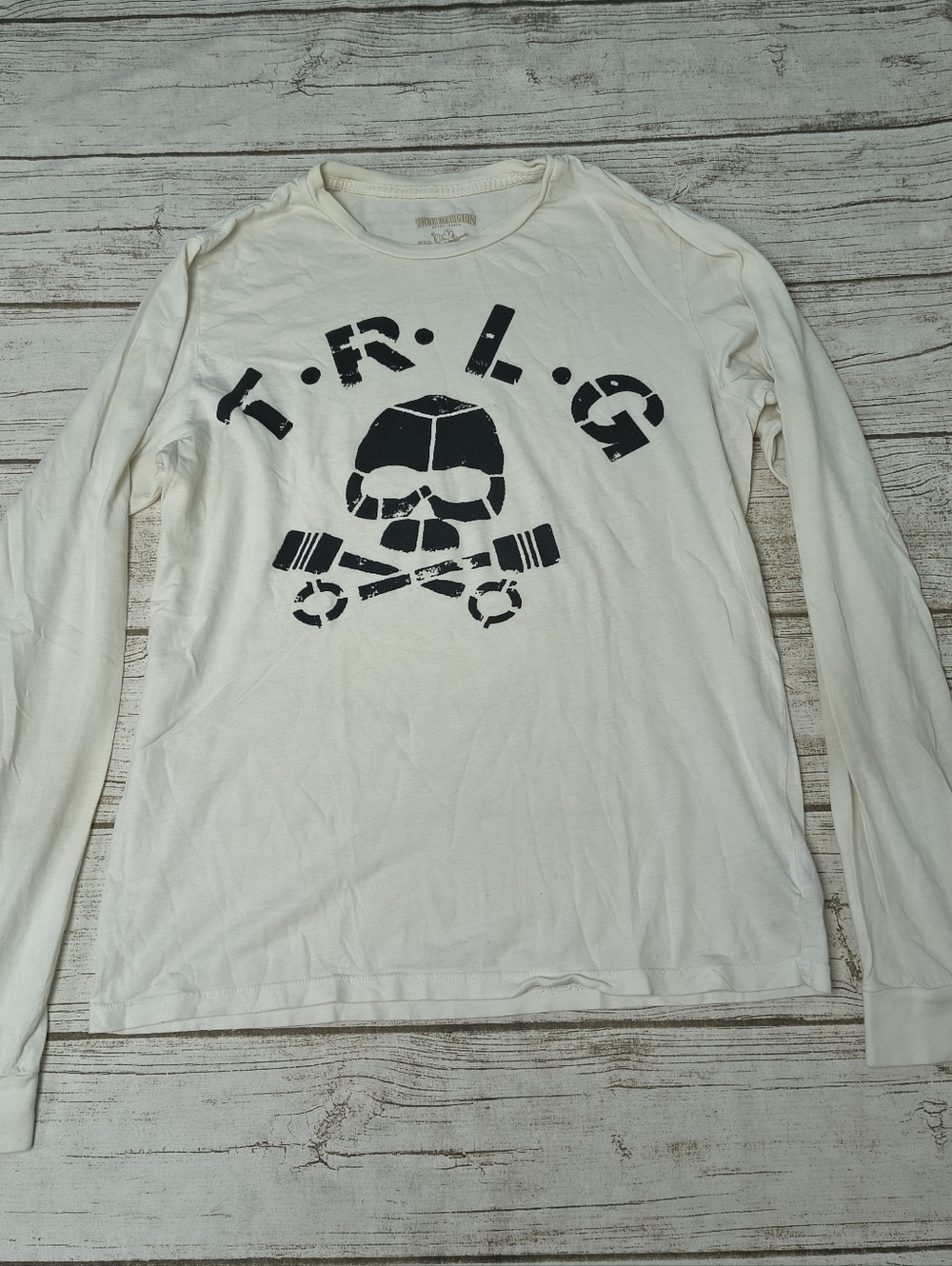 True Religion Long Sleeve Skull And Cross Bones Piston T Shirt Size Small